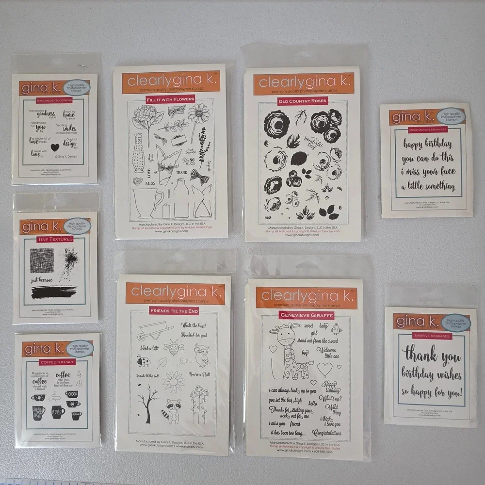 NEW Gina K Designs Clear Stamp Set Lot 8 pc Coffee Flowers Animals Sentiments